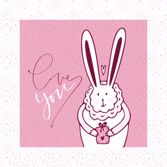 Cute bunny with gift. Greeting Love you card. White bunny illustration.