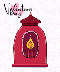 Lantern vector illustration. Hand drawn cute doodle candle. Greeting card with red lantern.