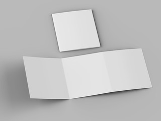 Open tri-folded laflet in square format.