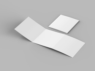Open tri-folded laflet in square format.