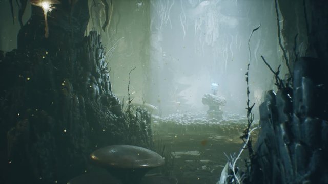 Ancient huge fantasy cave filled with ancient mushrooms and magical fog with dust.
