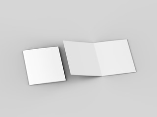 Open tri-folded laflet in square format.