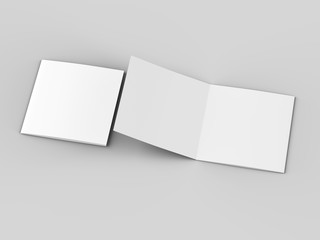 Open tri-folded laflet in square format.