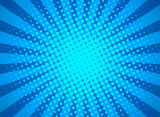 Retro pop art background with halftone dots and starburst rays. banner for comic book superhero. flat vector