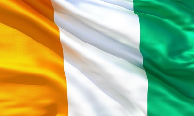 Realistic silk material Ivory Coast waving flag, high quality detailed fabric texture. 3d illustration