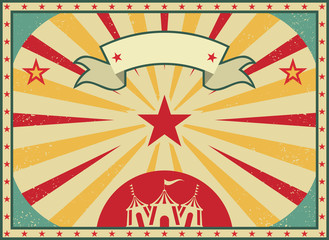 Old shabby American circus billboard in retro style. Vintage advertising poster with rays and aged background and ribbon. flat vector