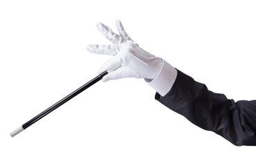 magician hand holding his wand on white - obrazy, fototapety, plakaty