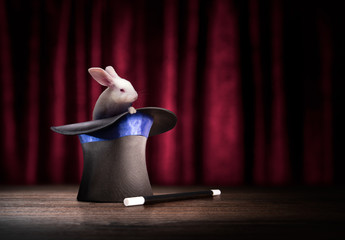 high contrast image of a magician hat and a rabbit on a wooden background