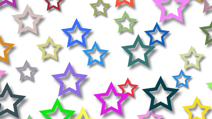Abstract illustration of randomly arranged colored stars with soft shadows on white background