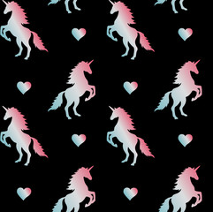 seamless vector holographic unicorn and heart pattern isolated on black background