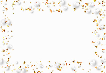 Background with white hearts and round beads strewn with golden confetti.