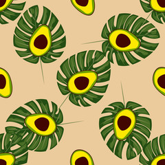Avocado and tropical leaves seamless pattern.