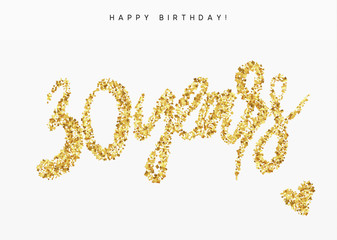 Thirty years, Number 30, lettering sign from golden confetti