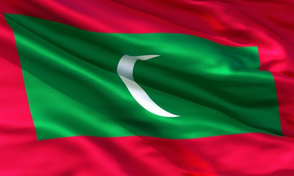 Realistic silk material Maldives waving flag, high quality detailed fabric texture. 3d illustration