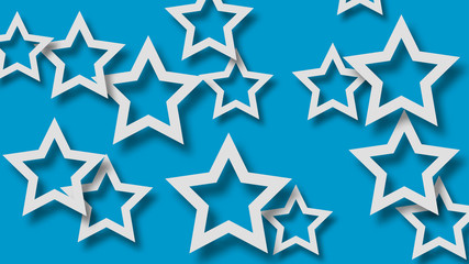 Abstract illustration of randomly arranged white stars with soft shadows on light blue background