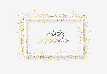 Christmas greeting card design with white frame with golden glowing glitter, gold confetti,yellow star sparkles.