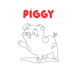 Coloring cute character piggy. Funny pig isolated on white background.