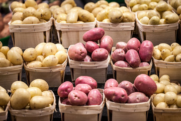 White, yellow and red potatoes on a Canadian market in Montreal, Quebec. Potatoes are one of the biggest productions of Quebec , being exported all accross Canada and America