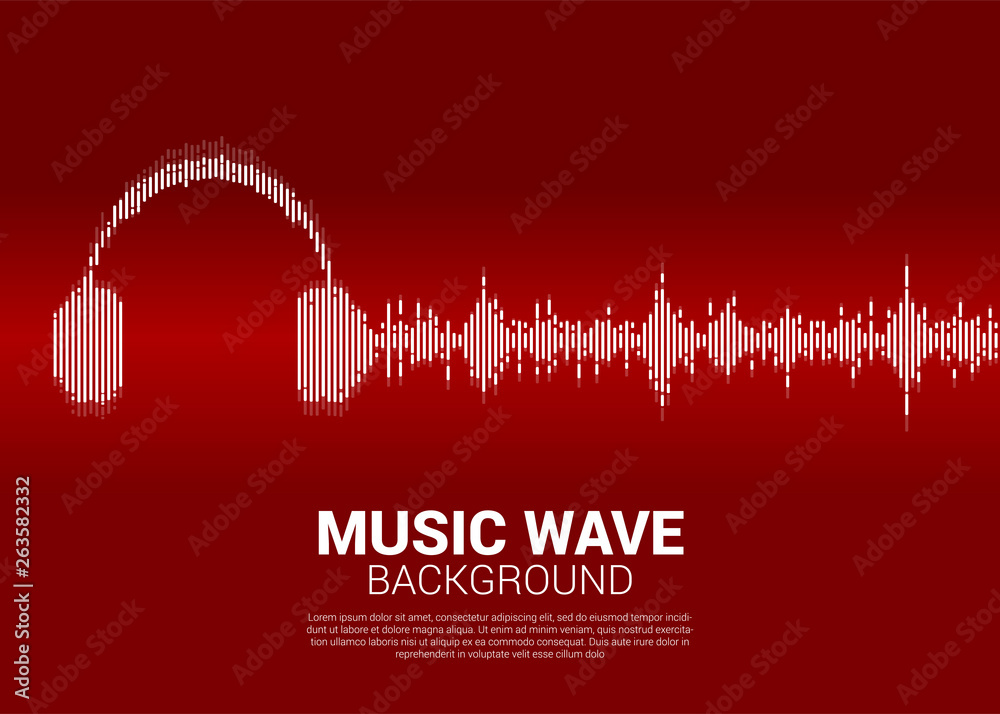 Poster sound wave music equalizer background. audio visual headphone icon with pixel wave graphic style