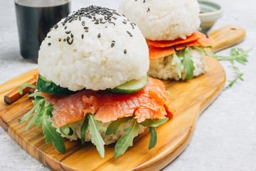 Homemade asian style gluten free sushi salmon burger.