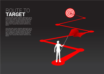 silhouette of businessman with red flag on route to dartboard. Business Concept of route to goal.