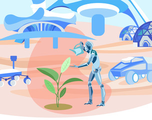 Robot Growing Plants in Cosmos Flat Illustration