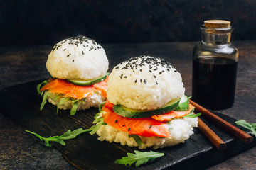 Homemade asian style gluten free sushi salmon burger