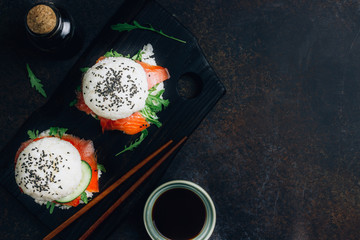Homemade asian style gluten free sushi salmon burger
