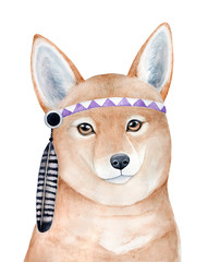 Brave red dingo dog character portrait with beautiful eyes and violet headgear decorated with striped eagle feather. Hand painted watercolour, isolated element for design, print, baby room poster.