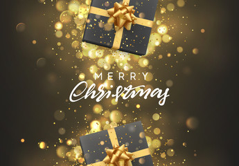 Fototapeta na wymiar Christmas background with gift box and golden lights bokeh. Xmas greeting card.