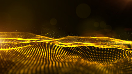 Abstract gold color digital particles wave with bokeh and light background