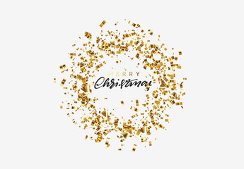Merry Christmas background with golden confetti, calligraphic lettering text.