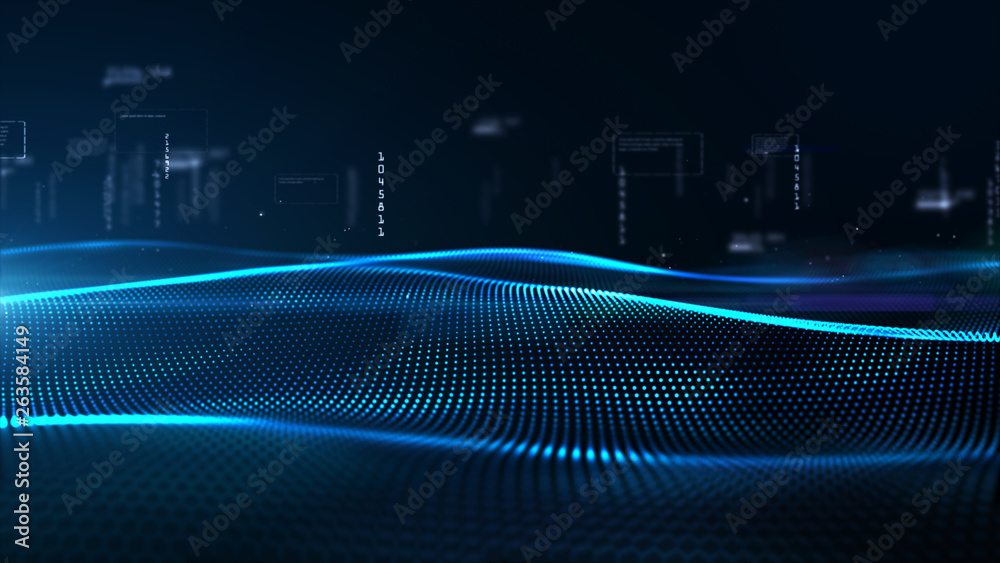 Wall mural digital particles wave and digital data, digital cyberspace background