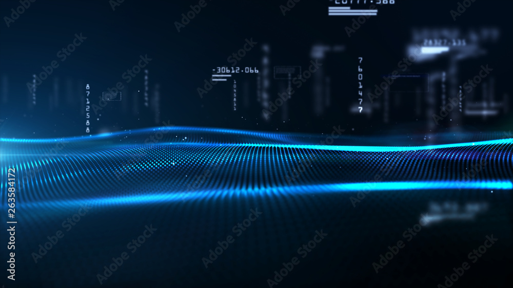 Fototapete digital particles wave and digital data, digital cyberspace background