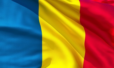 Realistic silk material Romania waving flag, high quality detailed fabric texture. 3d illustration
