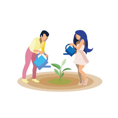 Fototapeta na wymiar Couple Growing Plant Flat Vector Illustration