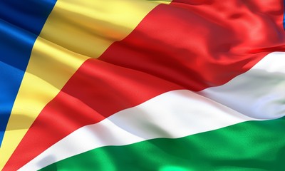 Realistic silk material Seychelles waving flag, high quality detailed fabric texture. 3d illustration