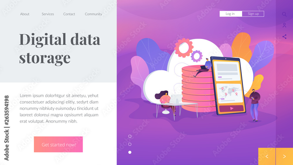 Poster digital data storage, database security, data protection, cloud technology concept. website homepage