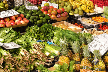 Marbella, Malaga province, Andalucia, Spain - March 18, 2019 : fresh fruits and vegetables for sale in a local farmers market