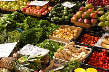 Fresh fruits and vegetables for sale in a local farmers market
