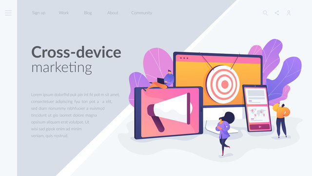 Multi device targeting, reaching audience, cross-device marketing concept. Website homepage interface UI template. Landing web page with infographic concept hero header image.