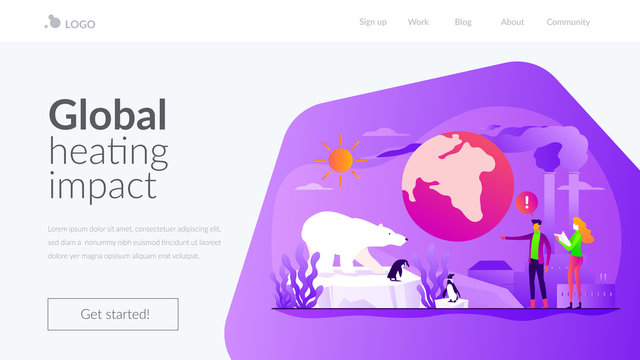 Global warming, environment pollution, global heating impact concept. Website homepage interface UI template. Landing web page with infographic concept hero header image.