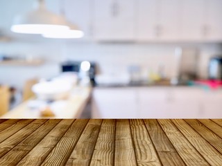Products shelves and advertisements are wooden floors. The background is the kitchen for cooking (blurred images).
