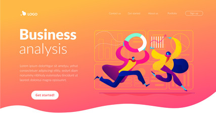 Business intelligence, business analysis, IT management tools concept. Website homepage interface UI template. Landing web page with infographic concept hero header image.