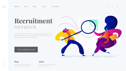 Recruitment agency, human resources service, recruitment network concept. Website homepage interface UI template. Landing web page with infographic concept hero header image.