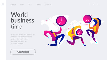 Time zones, international time, world business time concept. Website homepage interface UI template. Landing web page with infographic concept hero header image.