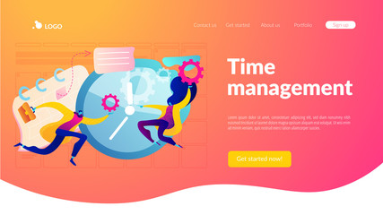 Time management, effective time spending, time planning concept. Website homepage interface UI template. Landing web page with infographic concept hero header image.