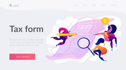 Tax form, income tax return, company tax payment concept. Website homepage interface UI template. Landing web page with infographic concept hero header image.