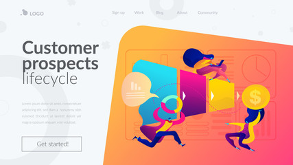 Sales pipeline management, representation of sales prospects lifecycle concept. Website homepage interface UI template. Landing web page with infographic concept hero header image.