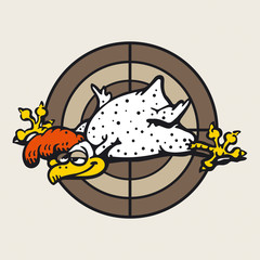 Rooster white and funny on the brown target background